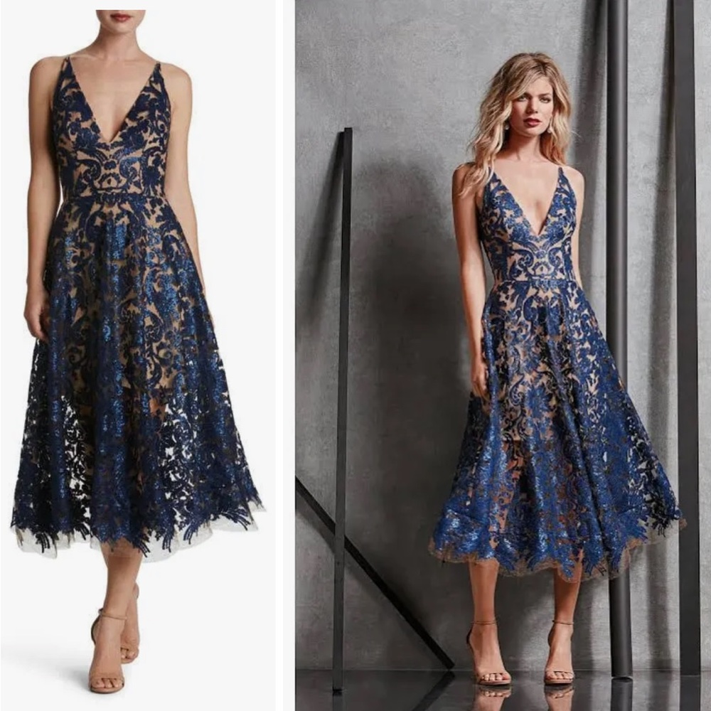 Dress The Population Blair Sequin Lace Fit & Flare Midi Dress Navy Nude Medium